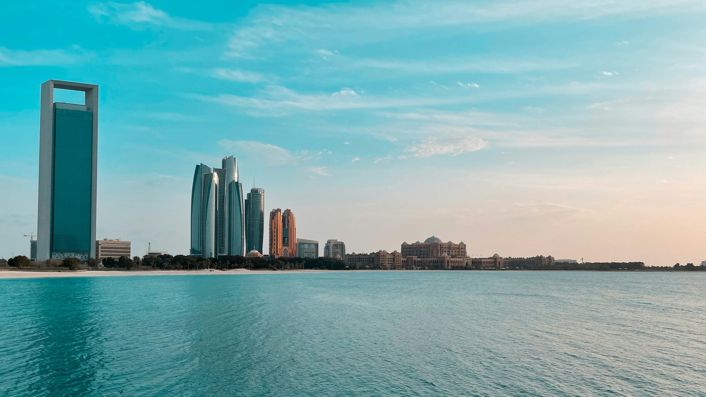 The Abu Dhabi skyline across the water from the Corniche