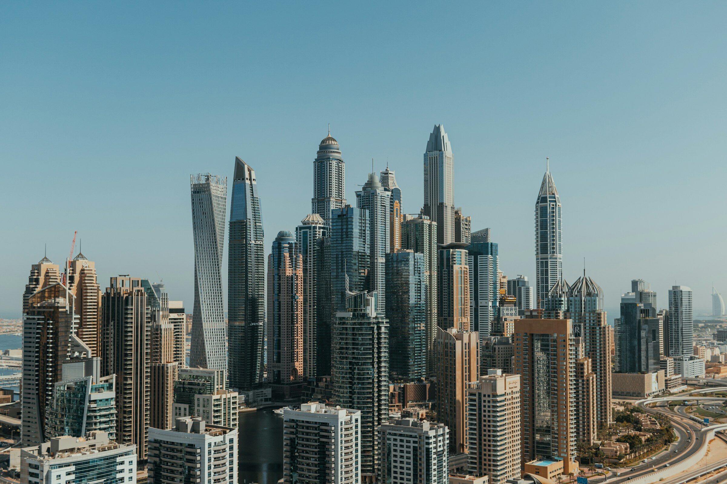An aerial view of Dubai towers
