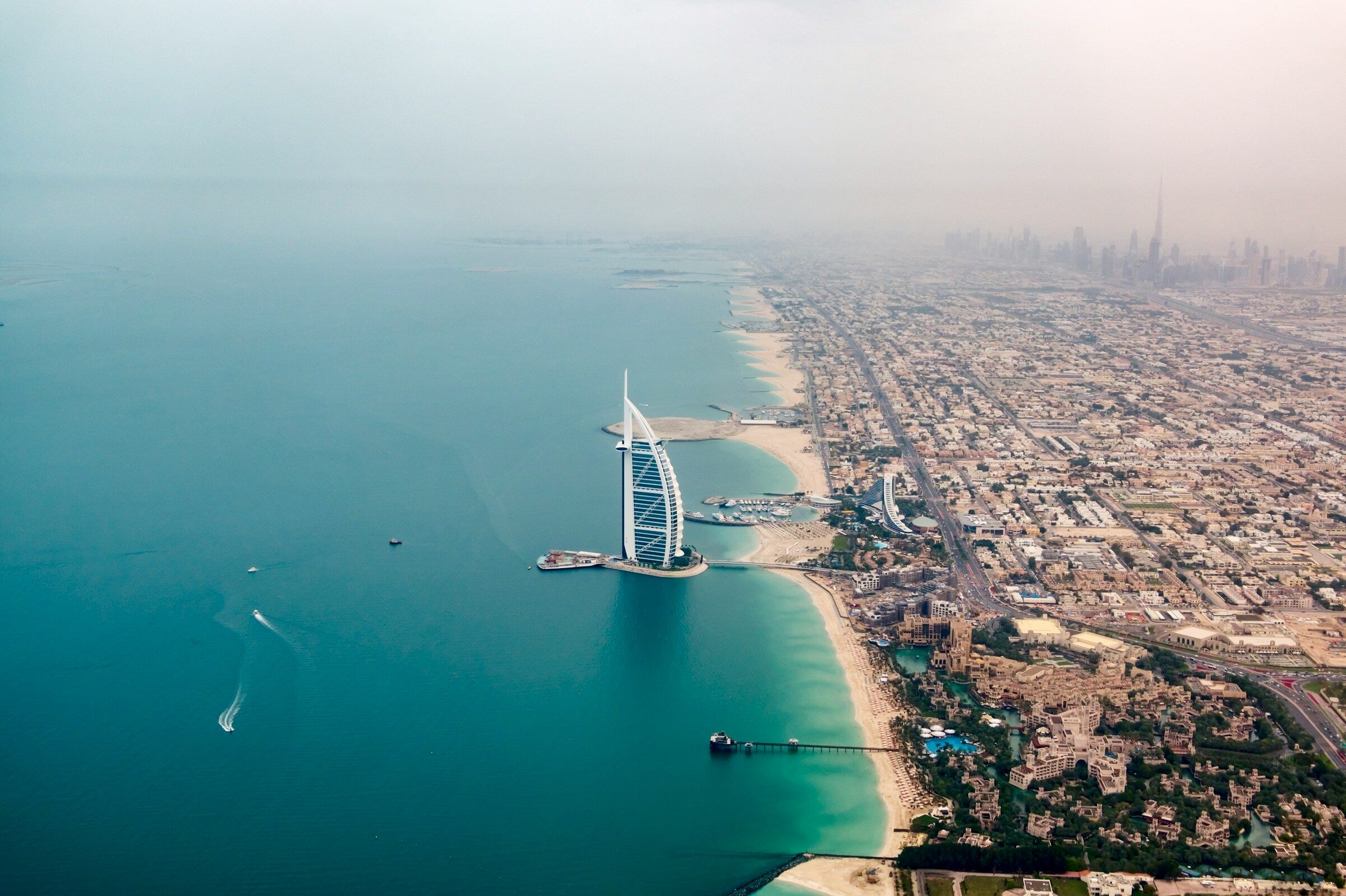An aerial view of the Burj Al Arab in the sea