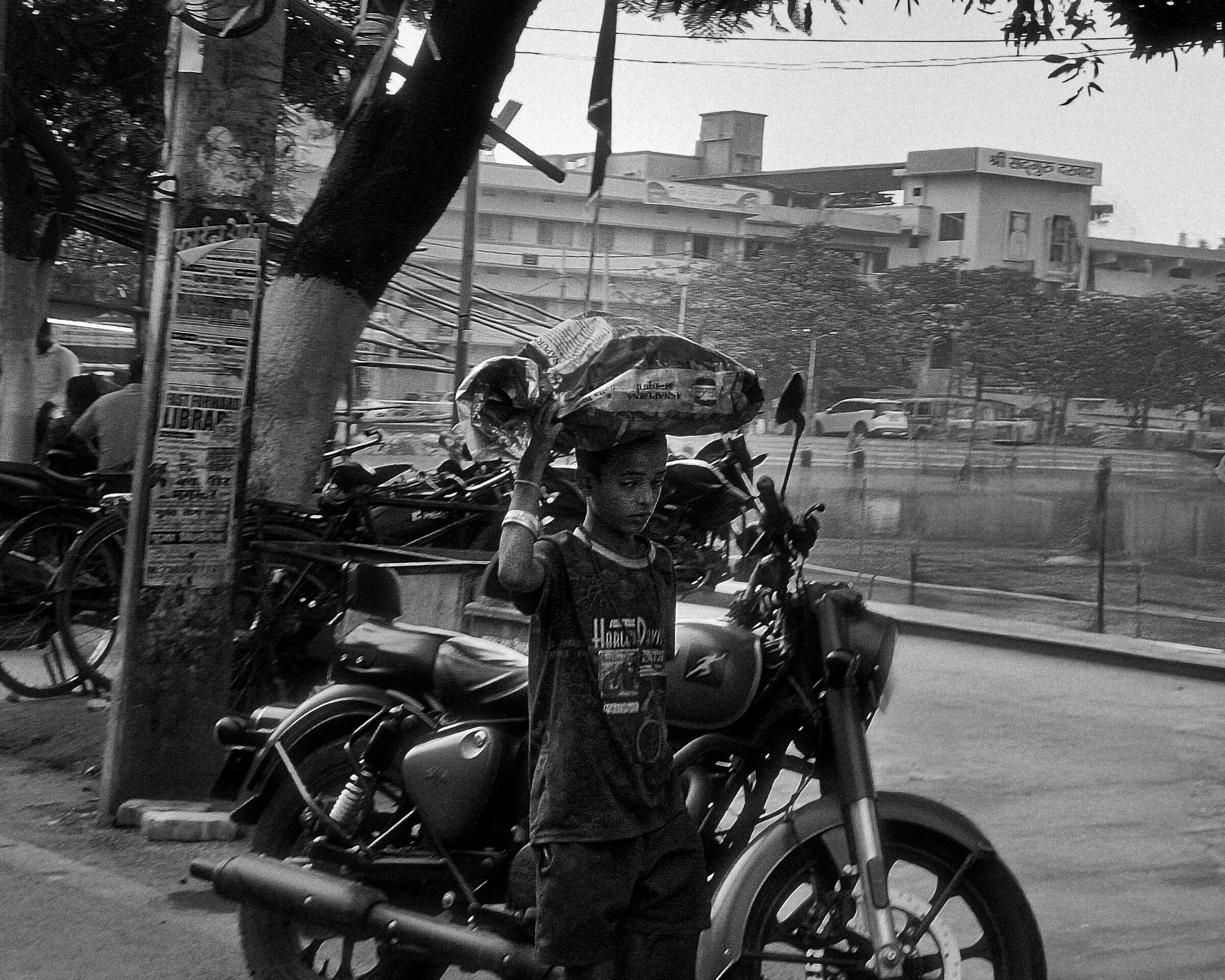 A motorcycle parked on a city street