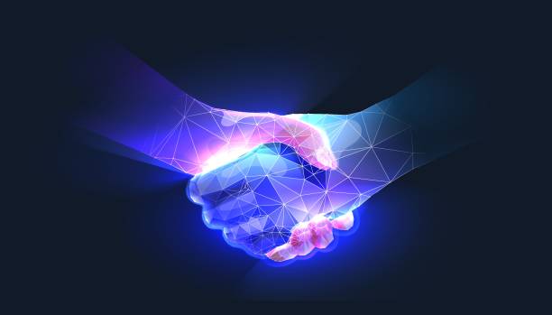 Digital handshake representing the customer relationship a CRM manages and the operations an ERP fulfills