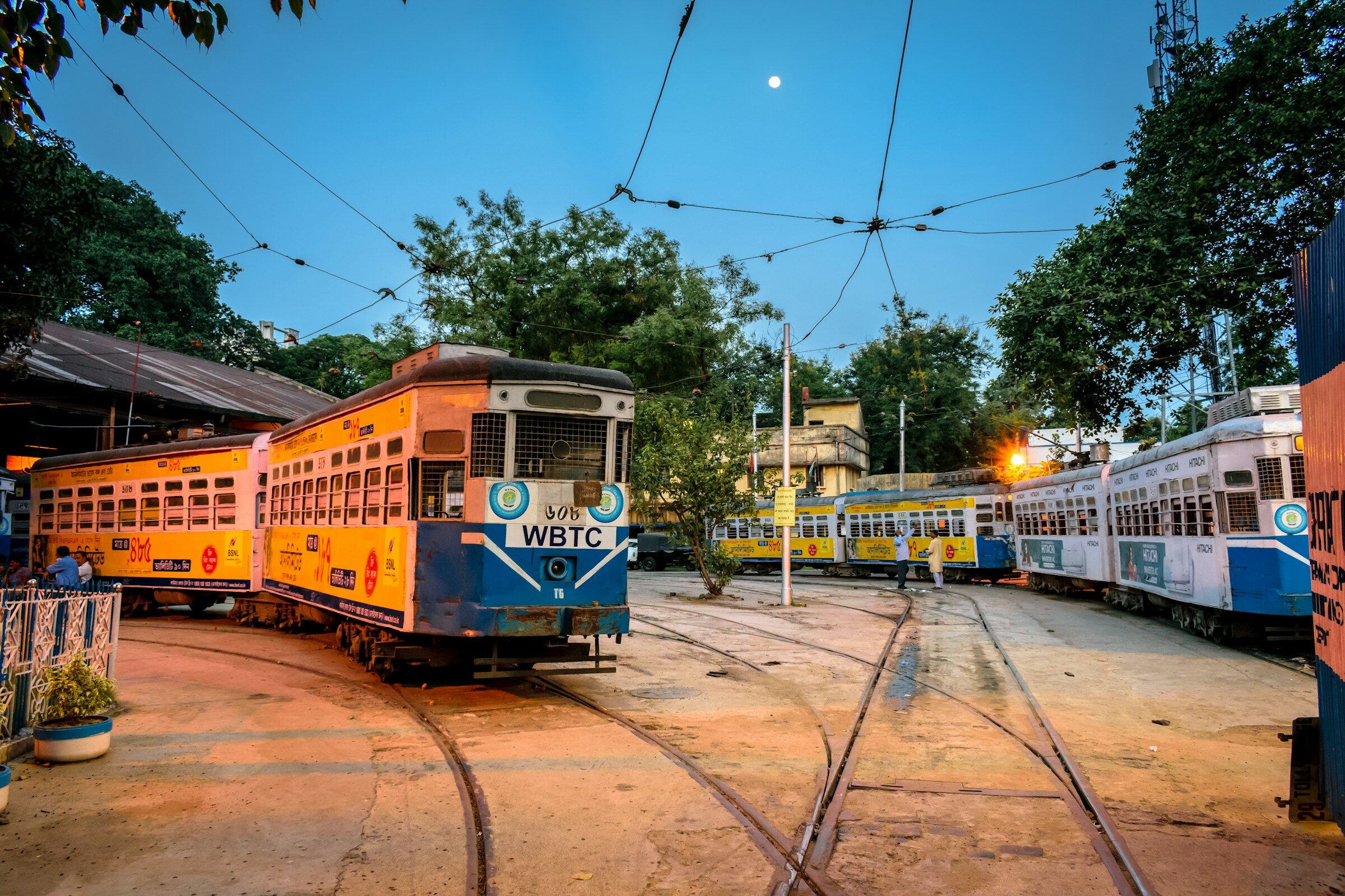 Yellow and white trams at a Kolkata depot