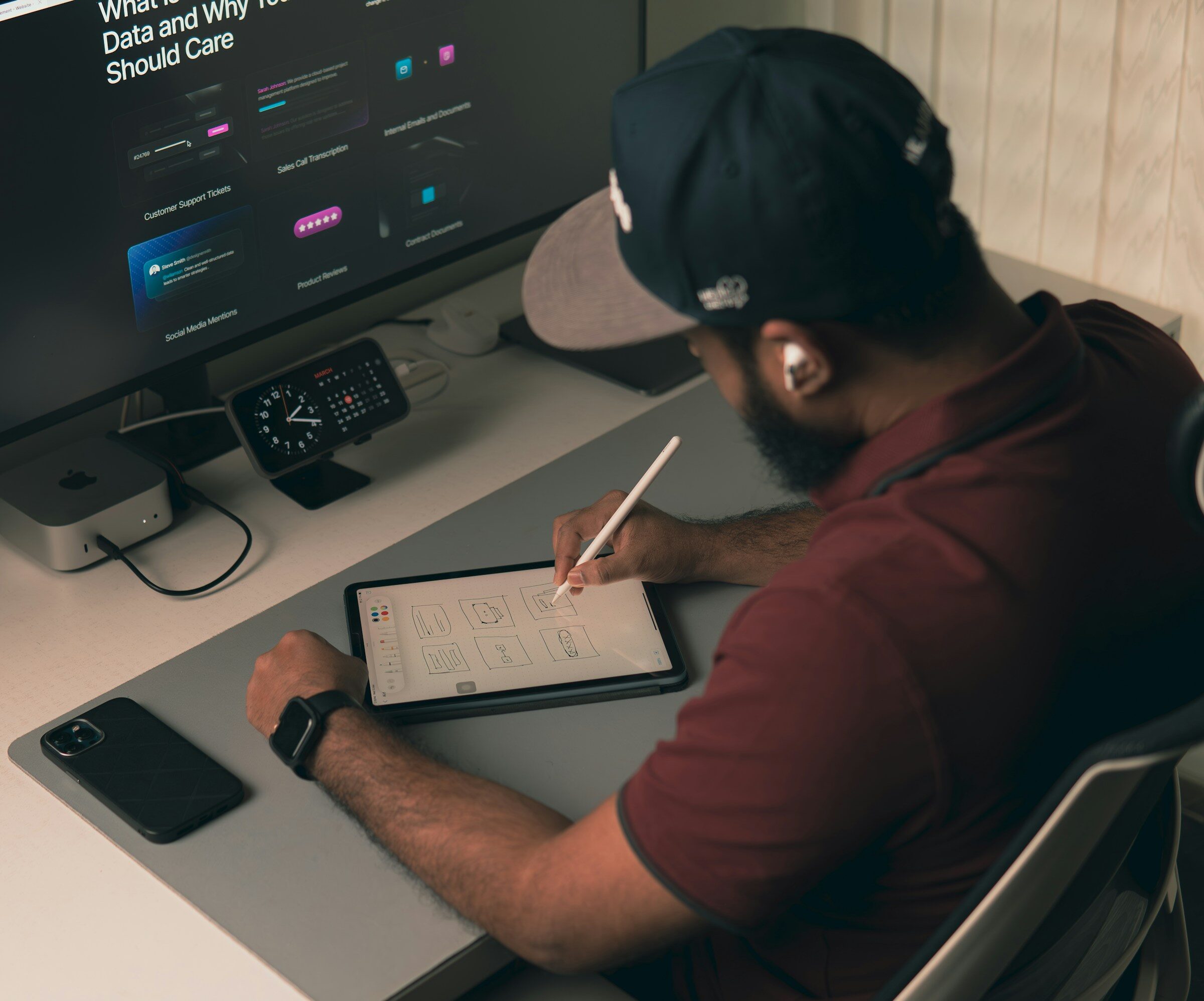 Working on a build at a desk with a computer and a tablet
