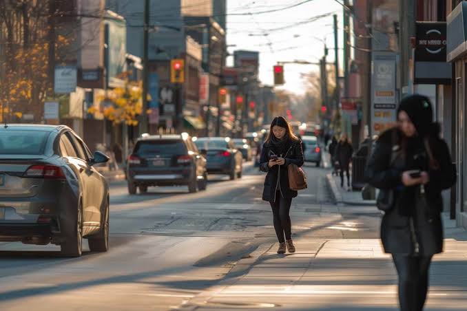 Busy downtown Toronto commercial street at golden hour