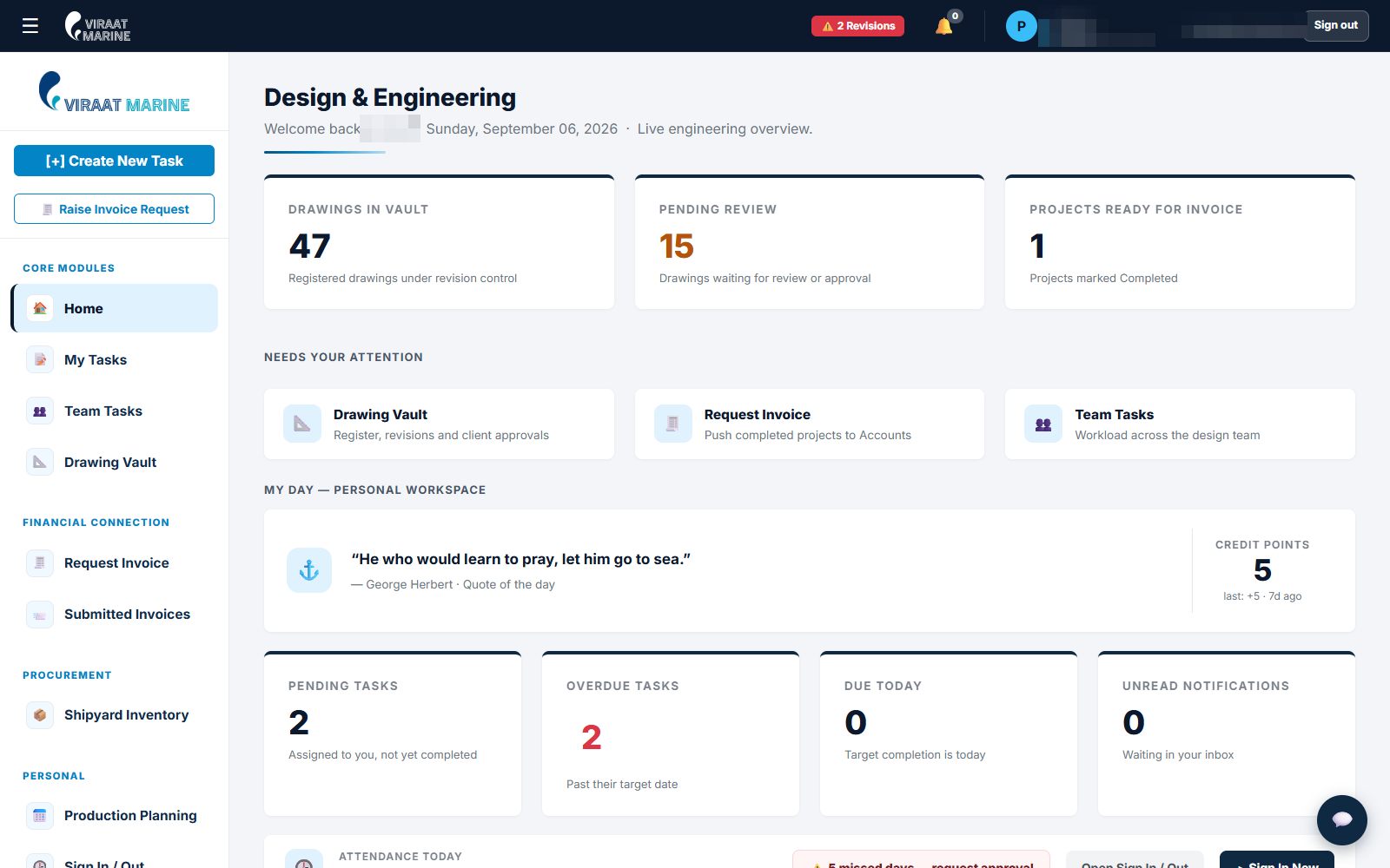 The design head desk: drawings in the vault, pending review, projects ready for invoice
