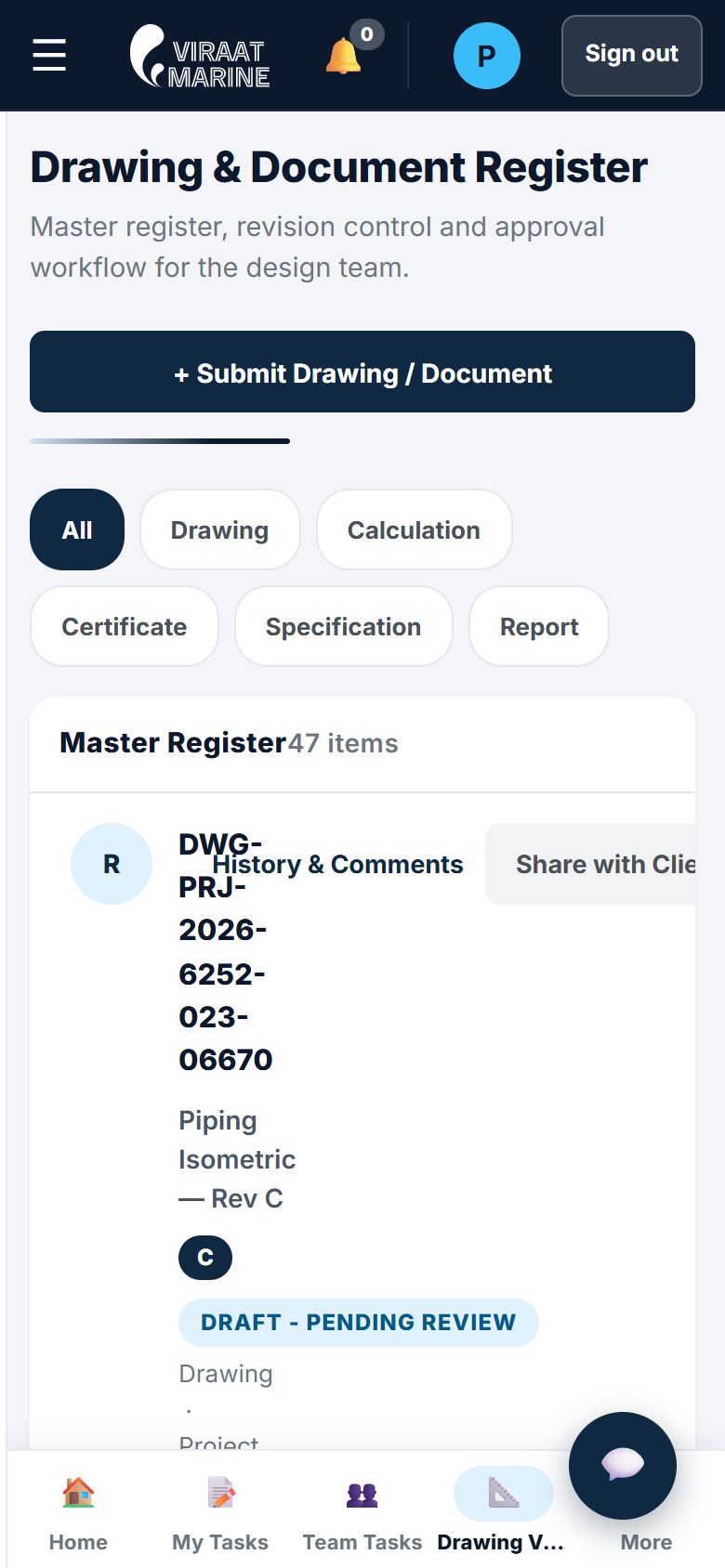 The drawing register on a phone: filters and the first register entry