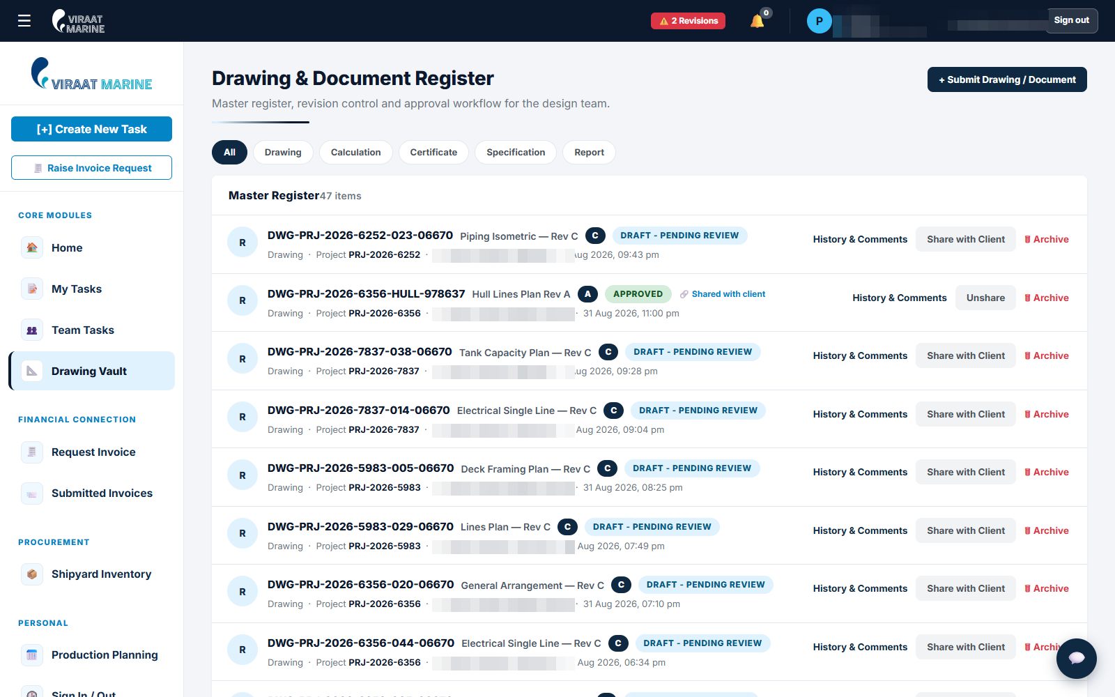 The drawing and document register: 47 items under revision control, each with its review status and history