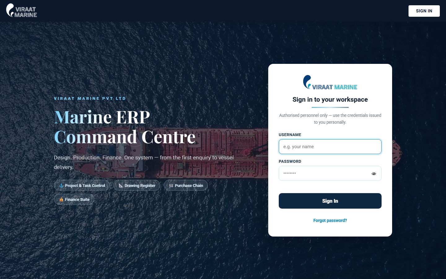 The public sign-in page of the Viraat Marine ERP: Marine ERP Command Centre