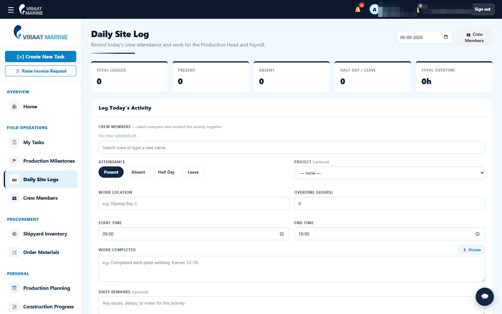 A yard supervisor desk: the daily site log for crew attendance and work done, pushed to payroll